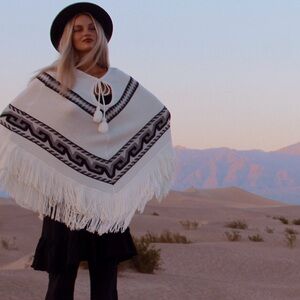 Free People White/Black Poncho with Fringe
